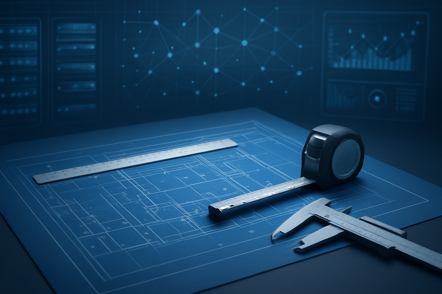 Close-up of engineering tools and blueprints on a workspace.