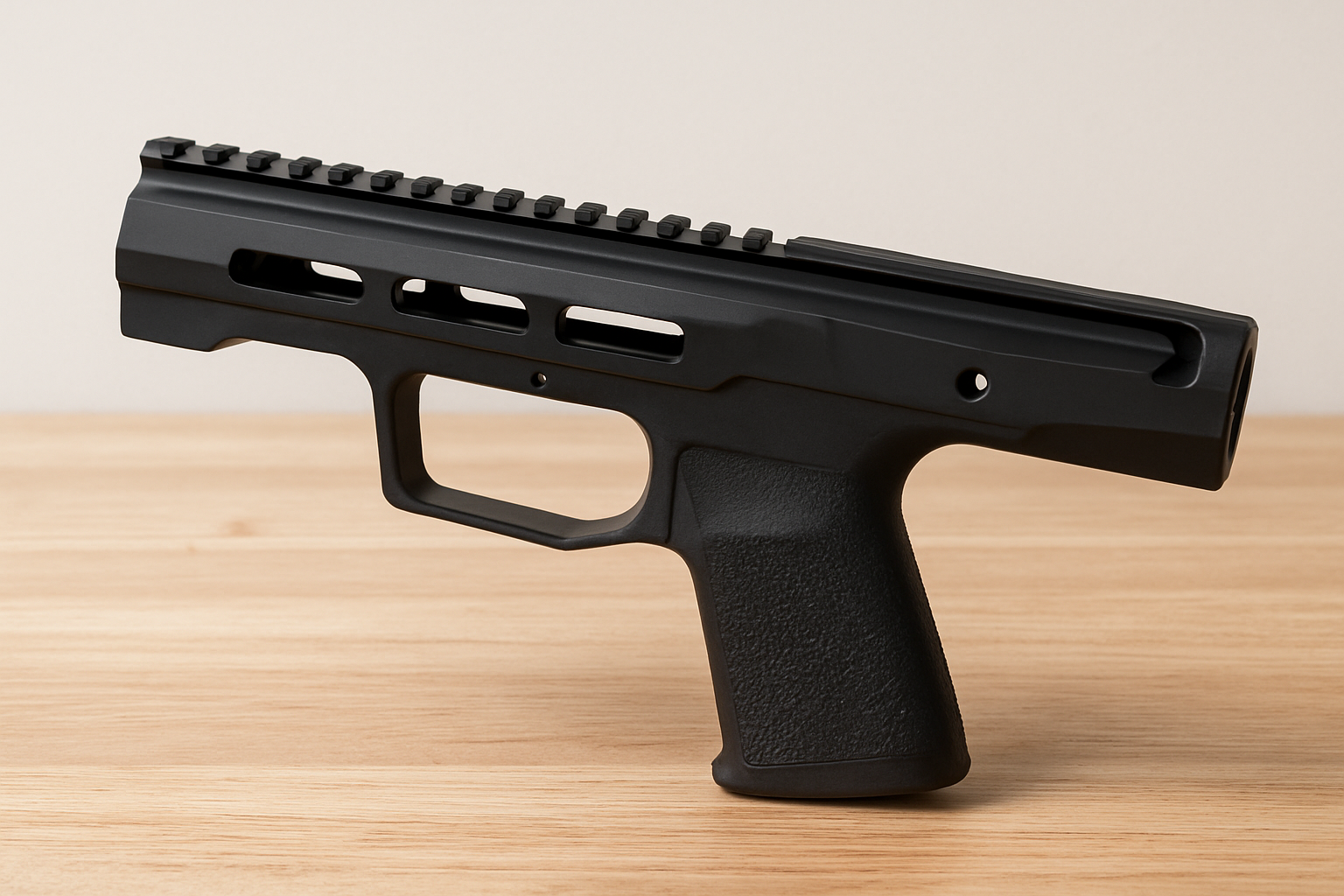 A PSA Dagger chassis displayed on a wooden surface, showcasing its black finish and design features.